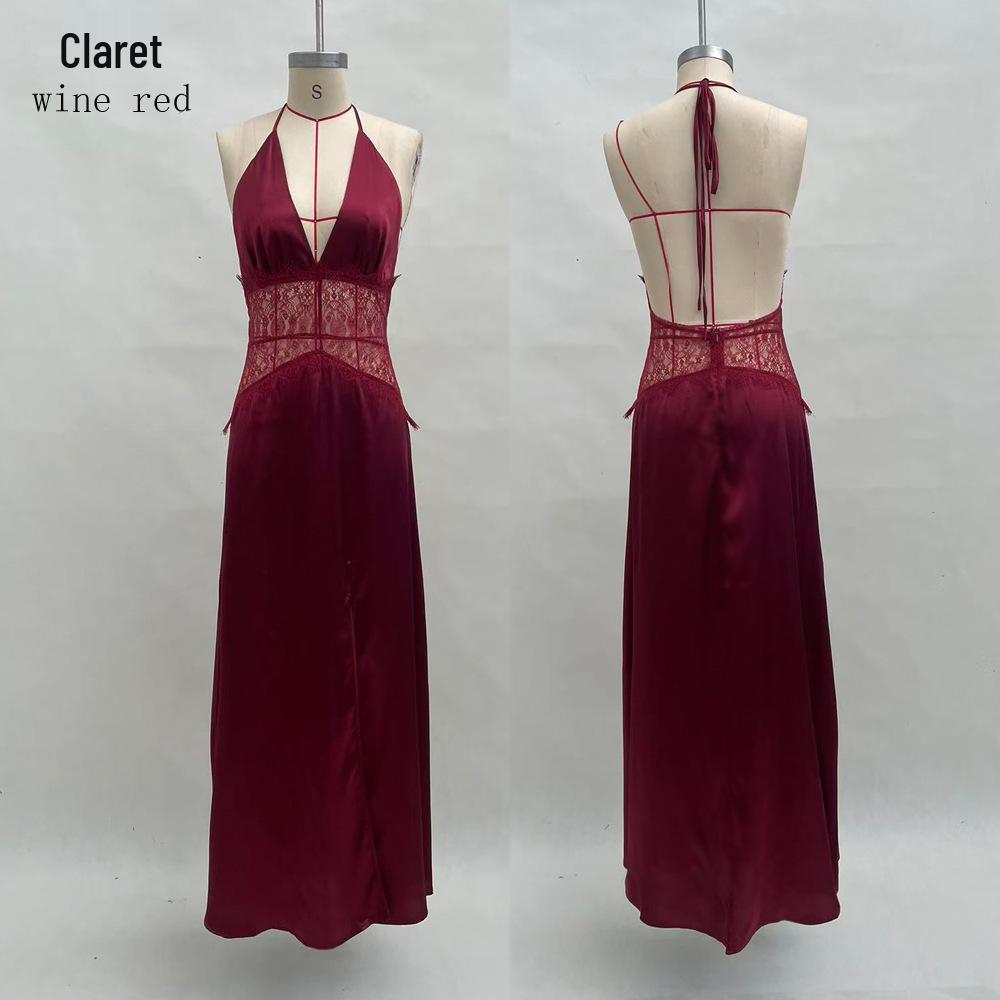 2026 Spring/Summer Women's European & American Deep V Backless Lace See-Through Long Dress