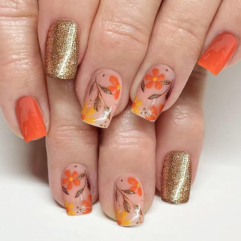 Fall Press On Nails Medium Square Fake Nails with Designs Maple Leaf Stick On Nail Thanksgiving Acrylic False Nail Bling Sequins Artificial Nail
