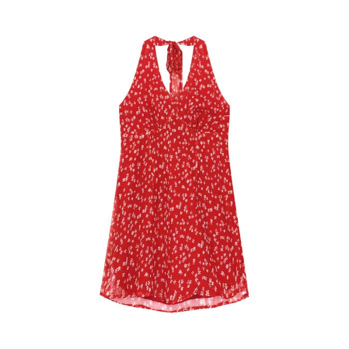Sweet Spice Girl Red Floral V-Neck Neck Dress Summer New Waist Skinny Stacked A-Word Short Skirt Women