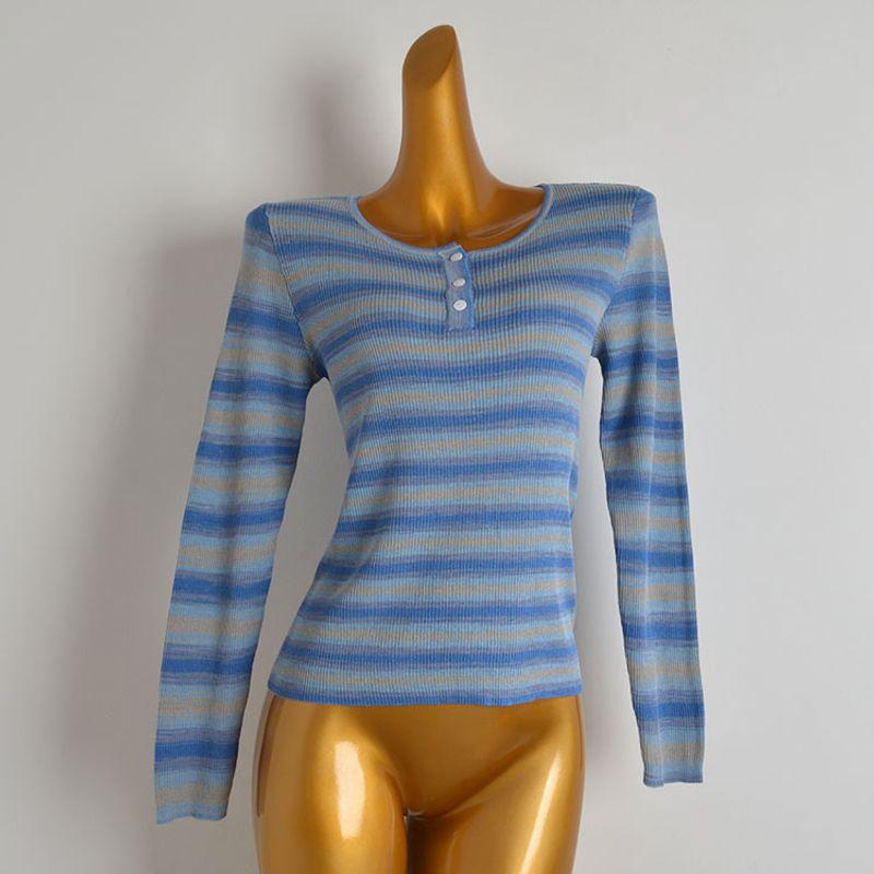 Spring & Fall New Round Neck Rainbow Stripes Long Sleeves Knitwear Women's Clothing Silm Fashion Western Style Shirt Tops