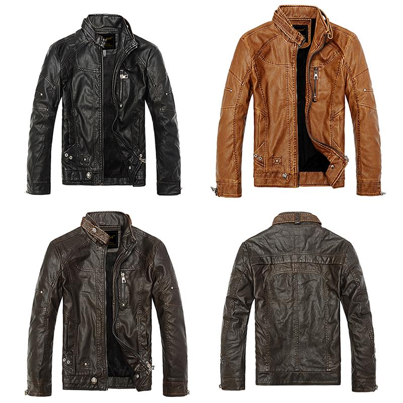 Bravepe Men Oversized Stand Collar Slim Solid Color Pu Leather Moto Biker Jacket Coat