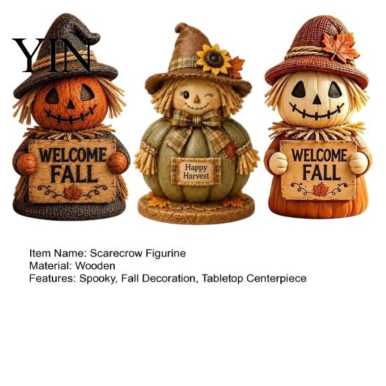 Rural Style Fireplace Decor 3 Pcs Fall Wooden Scarecrow Figurines, Farmhouse Rustic Statue with Maple Decorative Craft for Thanksgiving Leaf,