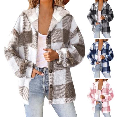 Lady Winter Coat Plush Lined Flannel Conrast Color Plaid Print Outerwear Hooded Single-breasted