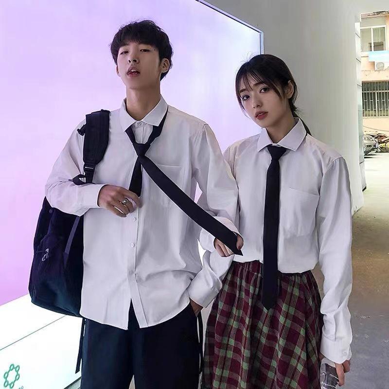 Long Sleeve Pocket Shirt Boys College Style Tie Graduation Class Uniform White Top Shirt Men's Student Couple Clothing