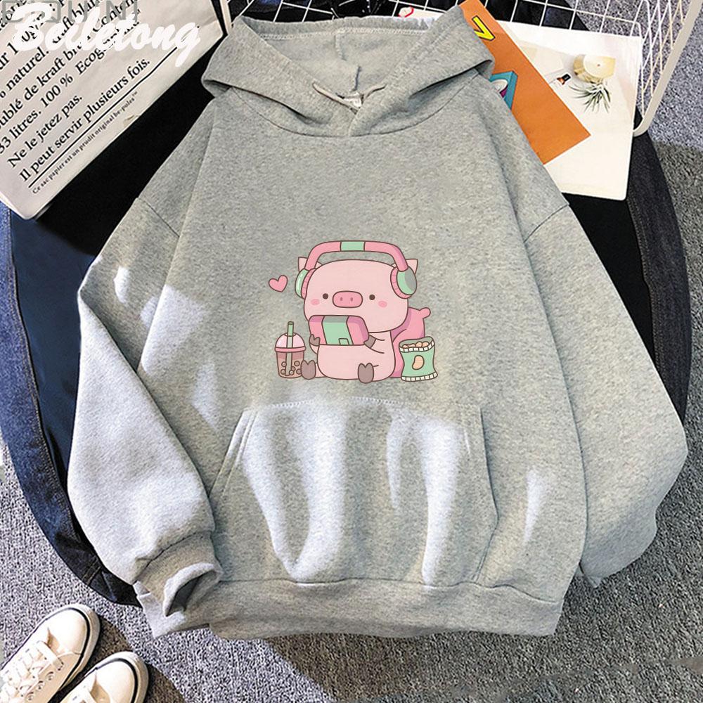 Cute Little Piggy Gamer with Headphones Hoodies Women Kawaii Streetwear Sweatshirts Graphic Pullovers Clothing