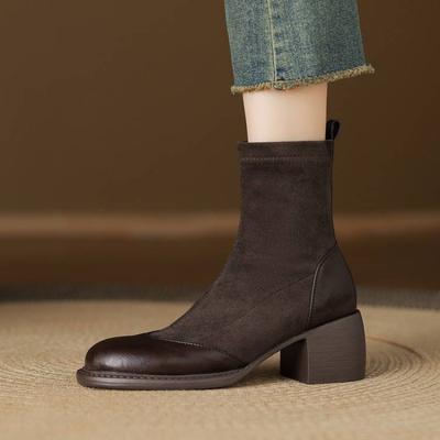 New Round Head Women's High-heeled Large-size Boots Korean Version Solid Color Sleeve Suede Martin Boots Autumn and Winter Square Heel Medium Boots