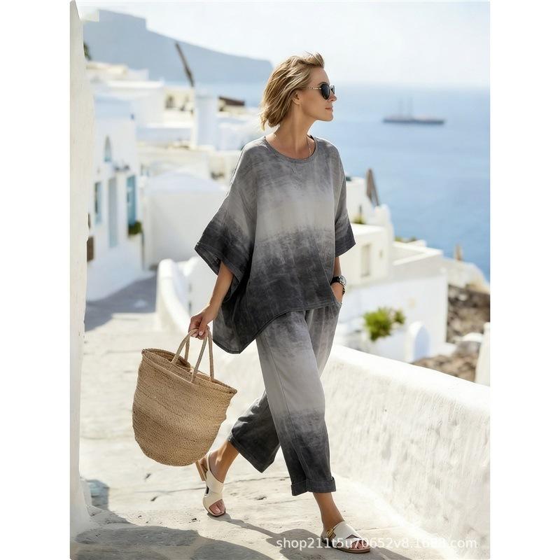 Y1 Women's Clothing, Bohemian Printed Crew Neck Medium Sleeve Set 1116 Summer Comfortable Casual Two-piece Set Europe and America