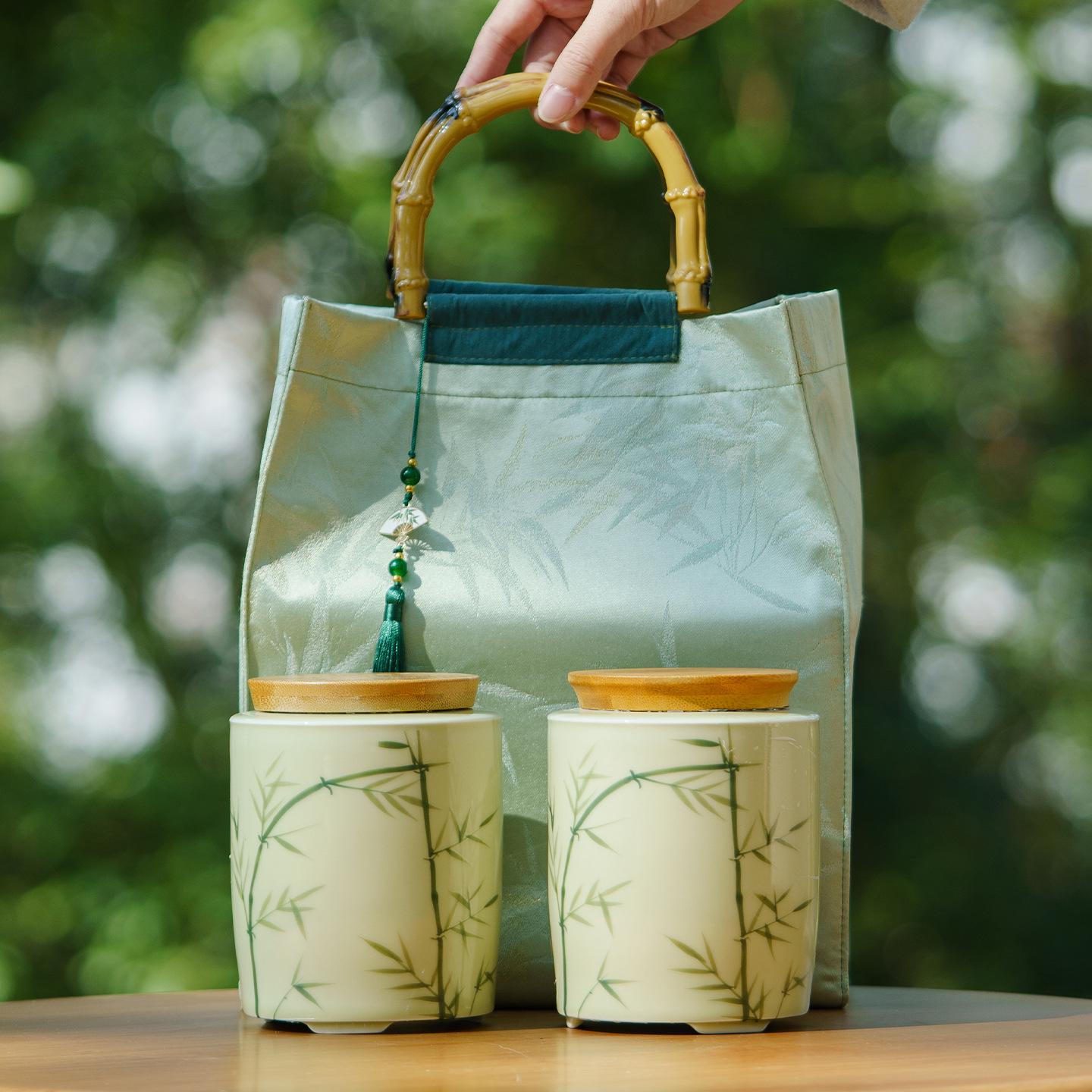 Elegant Green Tea Cloth Bag and Ceramic Can Packaging - Longjing, Biluochun, Maojian, Maofeng Styles