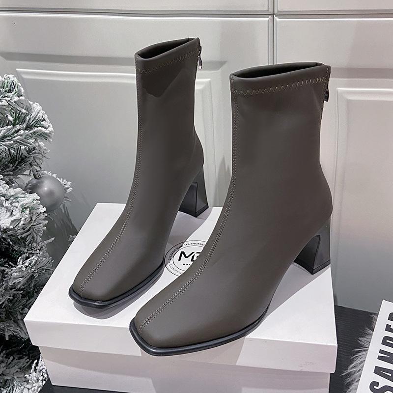 Martin Boots Women's Autumn 2025 New Square Head Thick Heel Elastic Zipper Thin Boots High Heels Short Boots Women's Boots