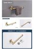 Luxury Brushed Gold Bathroom Accessory Set: Towel Rack, Bar, Paper Holder, Hook, Soap Dispenser.