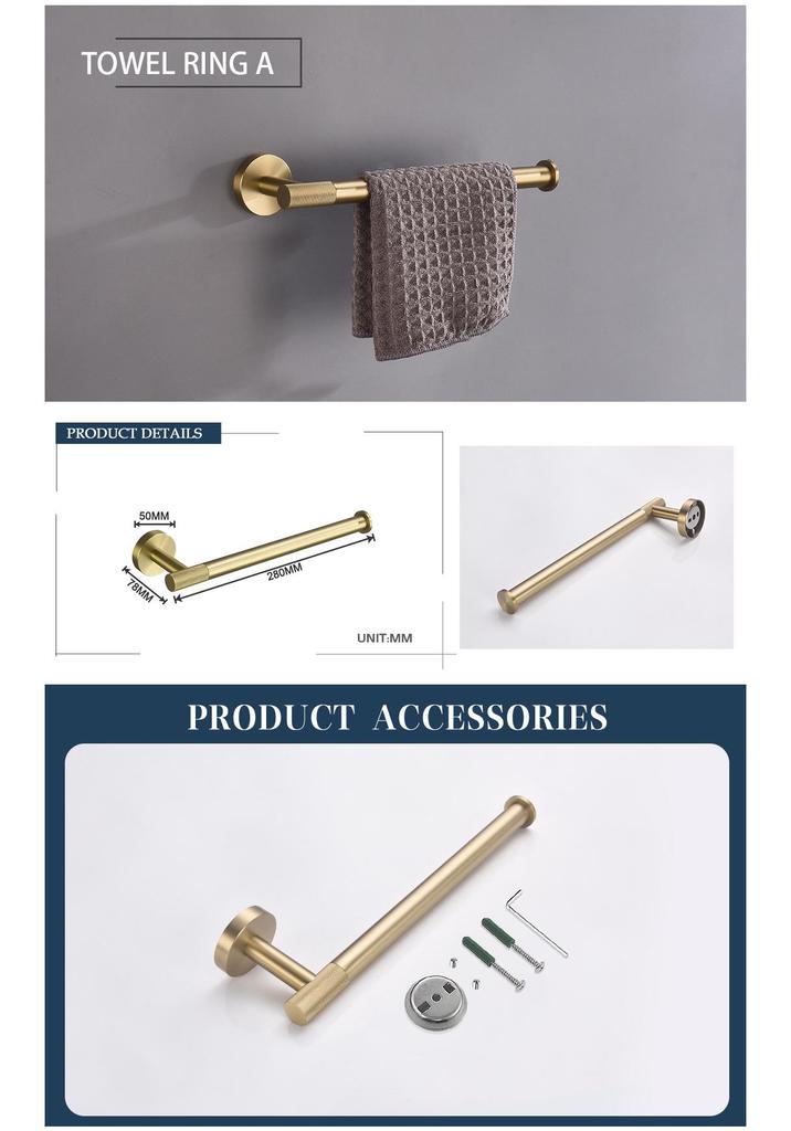 Luxury Brushed Gold Bathroom Accessory Set: Towel Rack, Bar, Paper Holder, Hook, Soap Dispenser.
