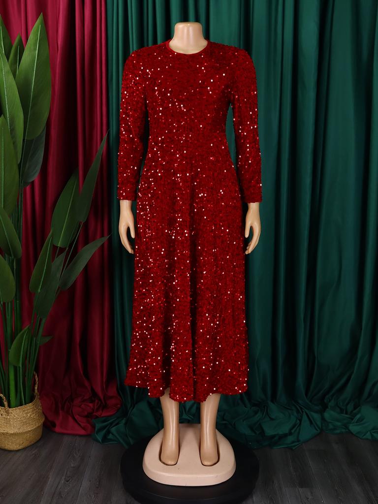 Sukienki damskie z okrągłym dekoltem, długim rękawem, jednolitym kolorem, cekinami, wysokim stanem, o średniej długości