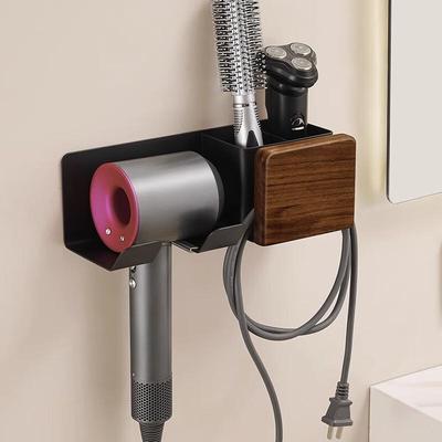 Walnut Wood Wall-Mounted Hair Dryer Organizer