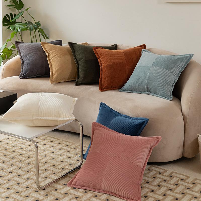 Corduroy Color-Blocking Striped Pillow Cover Living Room Sofa Solid Color Cushion Cover Plush Lamb Velvet Pillow