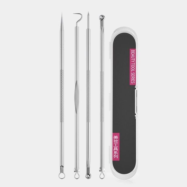 Porcini - Set of 4: Stainless Steel Blackhead Remover with Case (various designs) With Case - Set of 4 head Remover - Silver