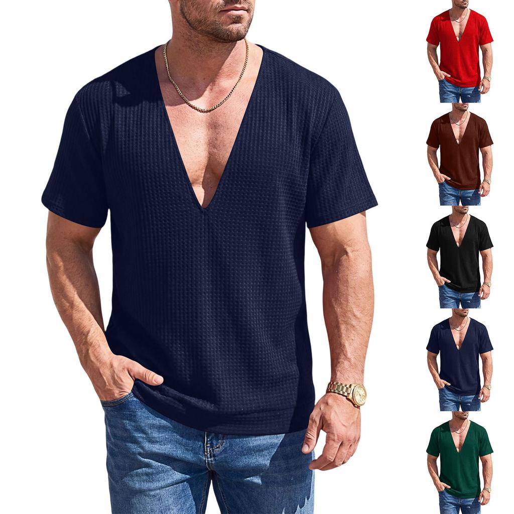 Men's Waffle Texture Deep V Neck Short Sleeve T Shirt Loose Fit Oversized Breathable Casual Tee for Summer and Everyday Wear