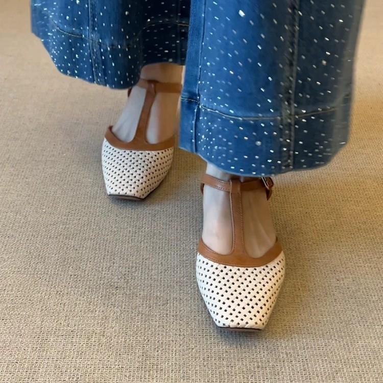 thick heel 3cm new French color matching commuter thick heel T-belt woven hollow bag head cool slippers women's bag head half drag