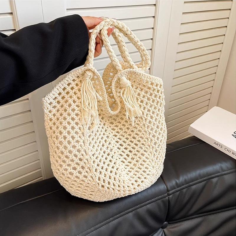 Casual Large Capacity Commuter Cotton Woven Bag Hollow Straw Bag Lazy Style Beach Vacation Shoulder Bag for Women