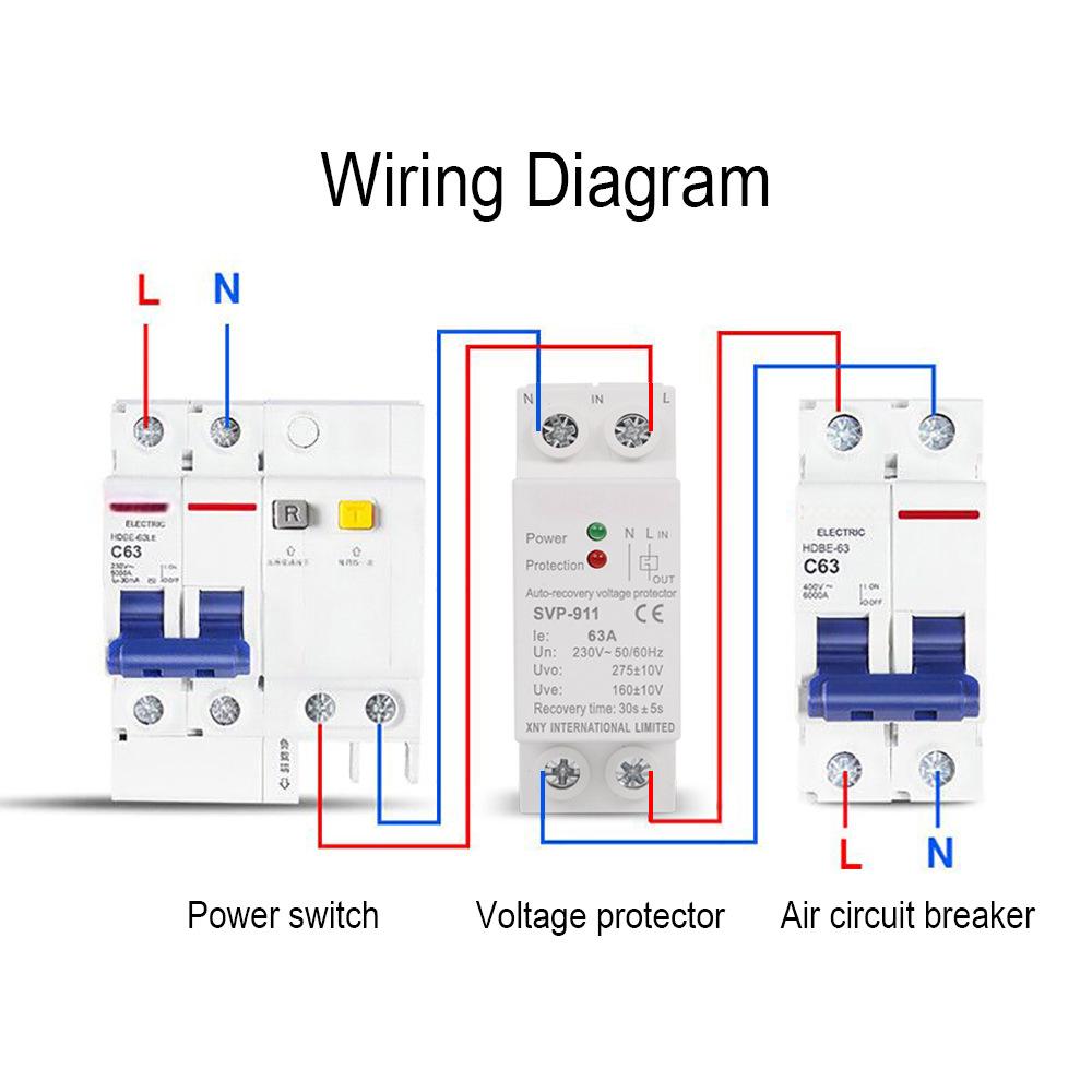 AC230V 63A MINI Size Din Rail Automatic Recovery Reconnect Over Under Voltage Relay Protective Breaker Voltage Protector Device
