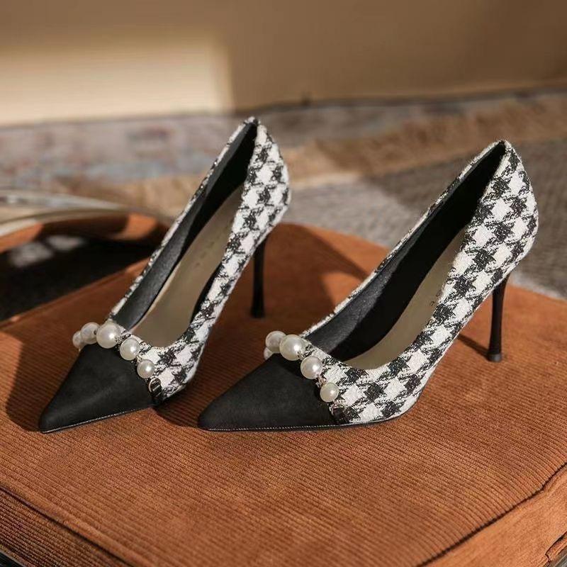 Fashion Houndstooth High Heels Women's Stiletto 2025 Spring and Autumn New Temperament Pearl Chain Pointed Toe Single Shoes