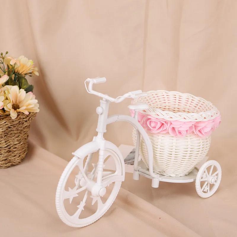 Handmade Rattan Flower Bike Vase Colorful Rose Flower Daisy Artificial Flower Pot for Home Wedding Decoration Storage Container