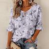 Women's Retro Floral Print Blouse with Ruffle Three-Quarter Sleeves and Tie Front