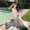 French White Mesh V-neck Neck Dress, Women's Summer Vacation Style Waist Is Very Good-looking, Lace Backless Dress