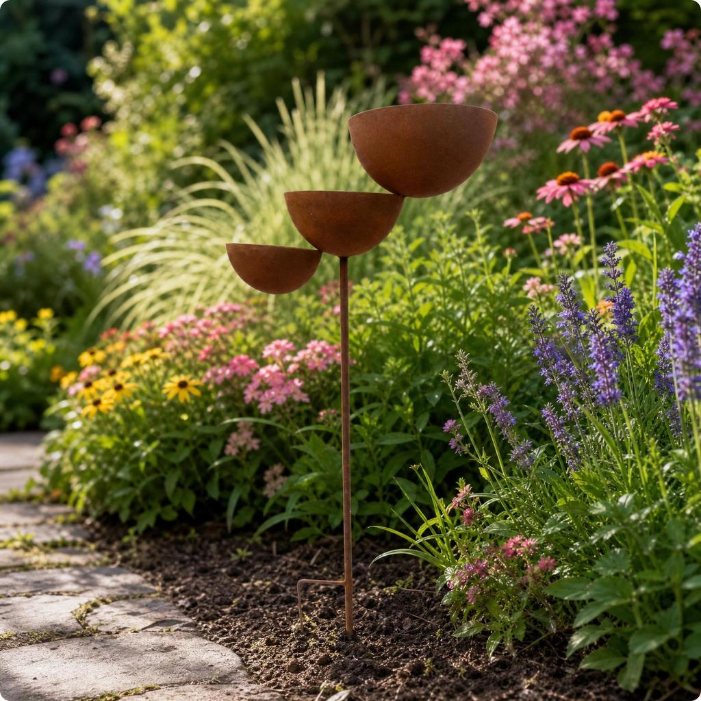 Iron Bird Feeder with Three Bowls Decorative for Lawns