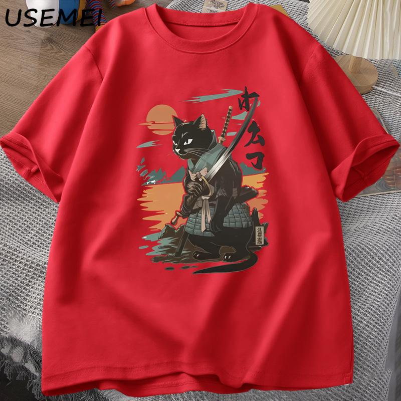 

Samurai Cat TShirt Japanese Style Cat Designer Vintage Tshirt Casual Unisex Graphic T Shirts Cotton Short Sleeve Tee Streetwear XL