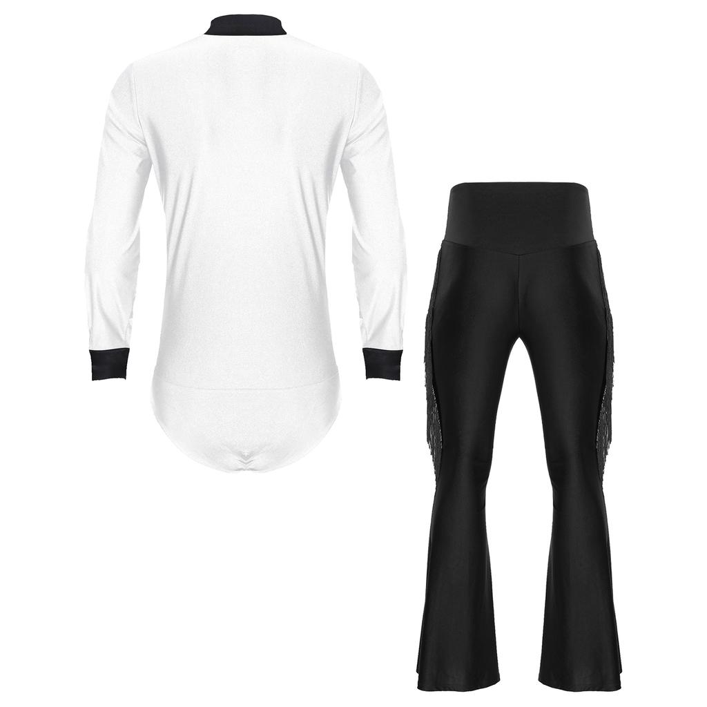 Mens Latin Dance Costume Glittery Rhinestones V Neck Long Sleeve Satin Patchwork Bodysuit Tassel Flared Pants Stage Set
