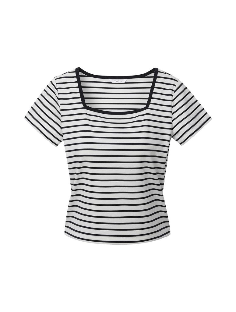 YJACK W_Stripe Square Neck Rib Binding Short Sleeve T-Shirt (180Gsm) Ljt1640S