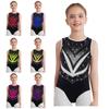 Girls Gymnastics Leotard Sleeveless Crisscross Cutout Back with Mesh Patchwork Shiny Rhinestones Bodysuit