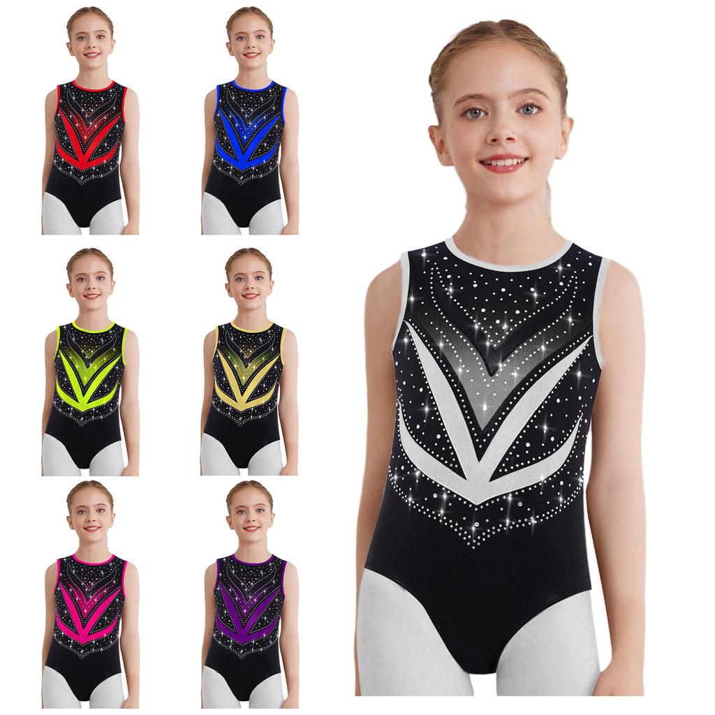 Girls Gymnastics Leotard Sleeveless Crisscross Cutout Back with Mesh Patchwork Shiny Rhinestones Bodysuit