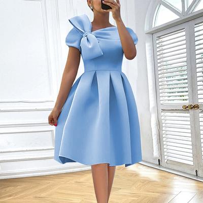 Fashion Women Elegant Short Sleeves Bow Pleat Bride Bridesmaids Wedding Midi Long Dress Party Gowns