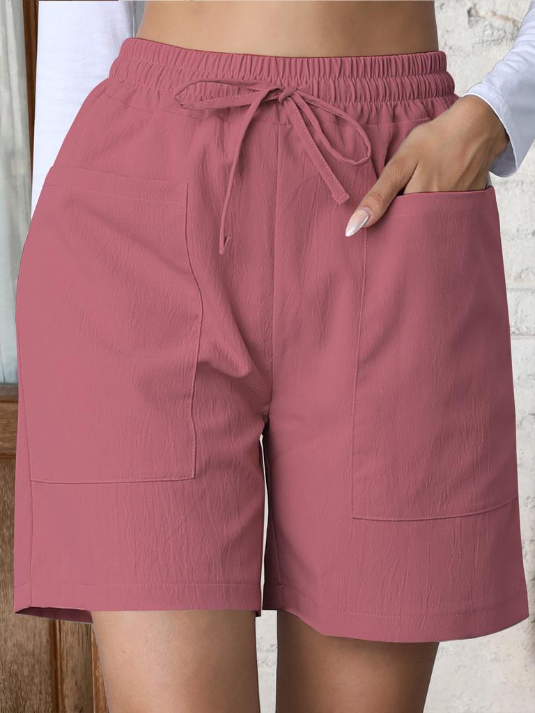 Summer new loose linen casual solid color high waist pocket drawstring large size shorts women