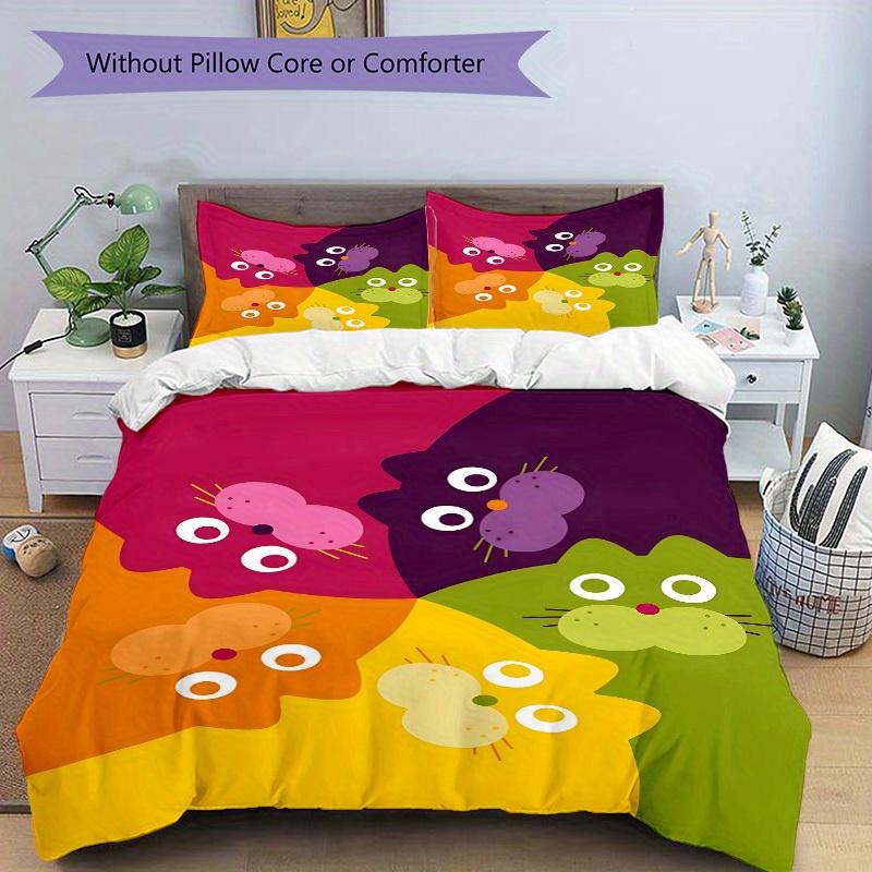 3pcs Colorful Cats Bedding Set, Ideal for Home Use, Suitable for Bedroom Decor (1*Duvet Cover + 1/2*Pillowcases, No Core) yy250821191