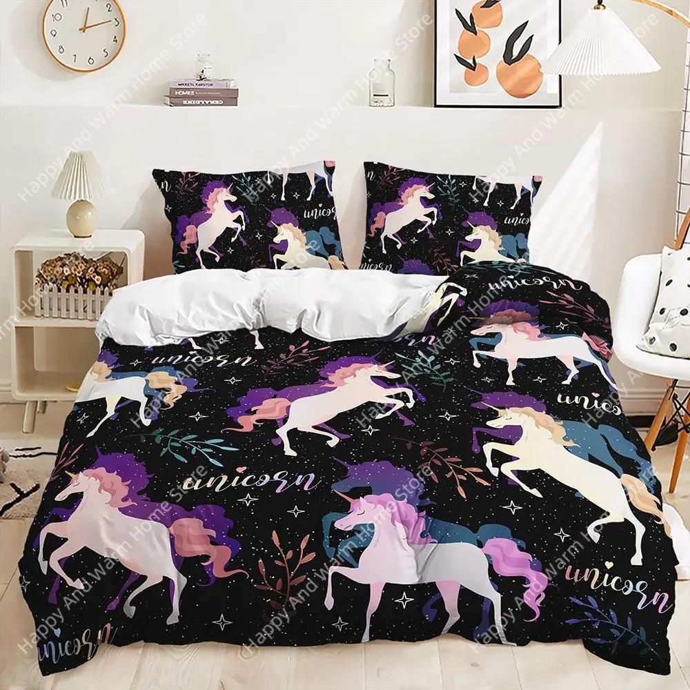 

Rainbow Unicorn Bedding Set King Queen Size Rainbow Unicorns Duvet Cover Set With Pillowcase Polyester Bed Linen For Boys Girls EU single(135x200cm)