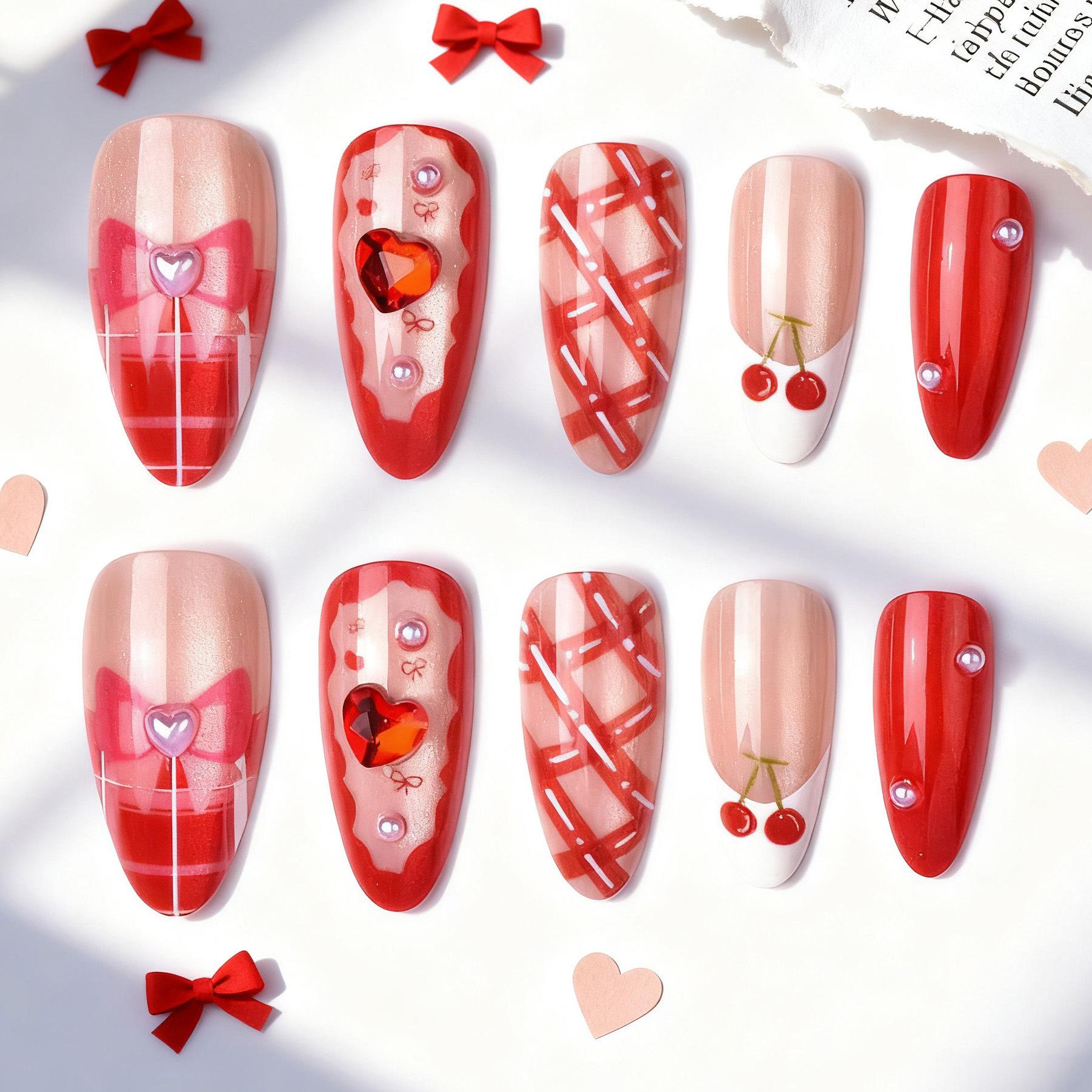 24 pieces of almond cat s eye wearing nail exquisite red cherry bow handmade point diamond nail art