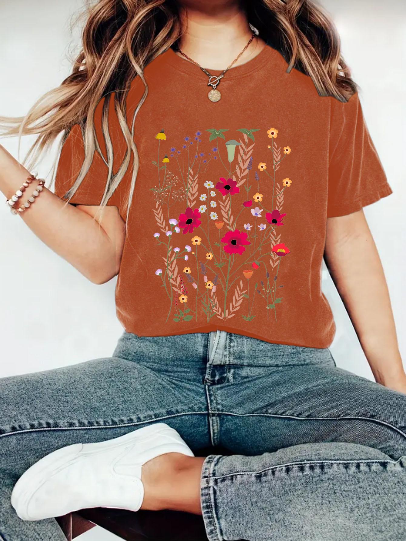 

Футболка женская летняя с коротким рукавом и цветочным принтом, круглым вырезом L