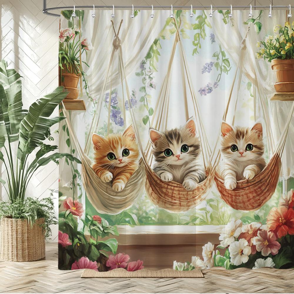 Lovely Dogs And Cats Printed Fabric Shower Curtain Bathroom Curtain,Garden Flower Animals Home Decoration Curtain With Hooks