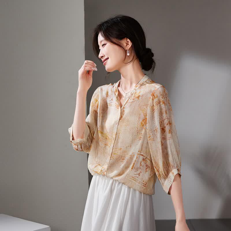 SOFSIL 2026 Summer Elegant Silk Blend Short-Sleeve Open-Front Shirt M жёлтый