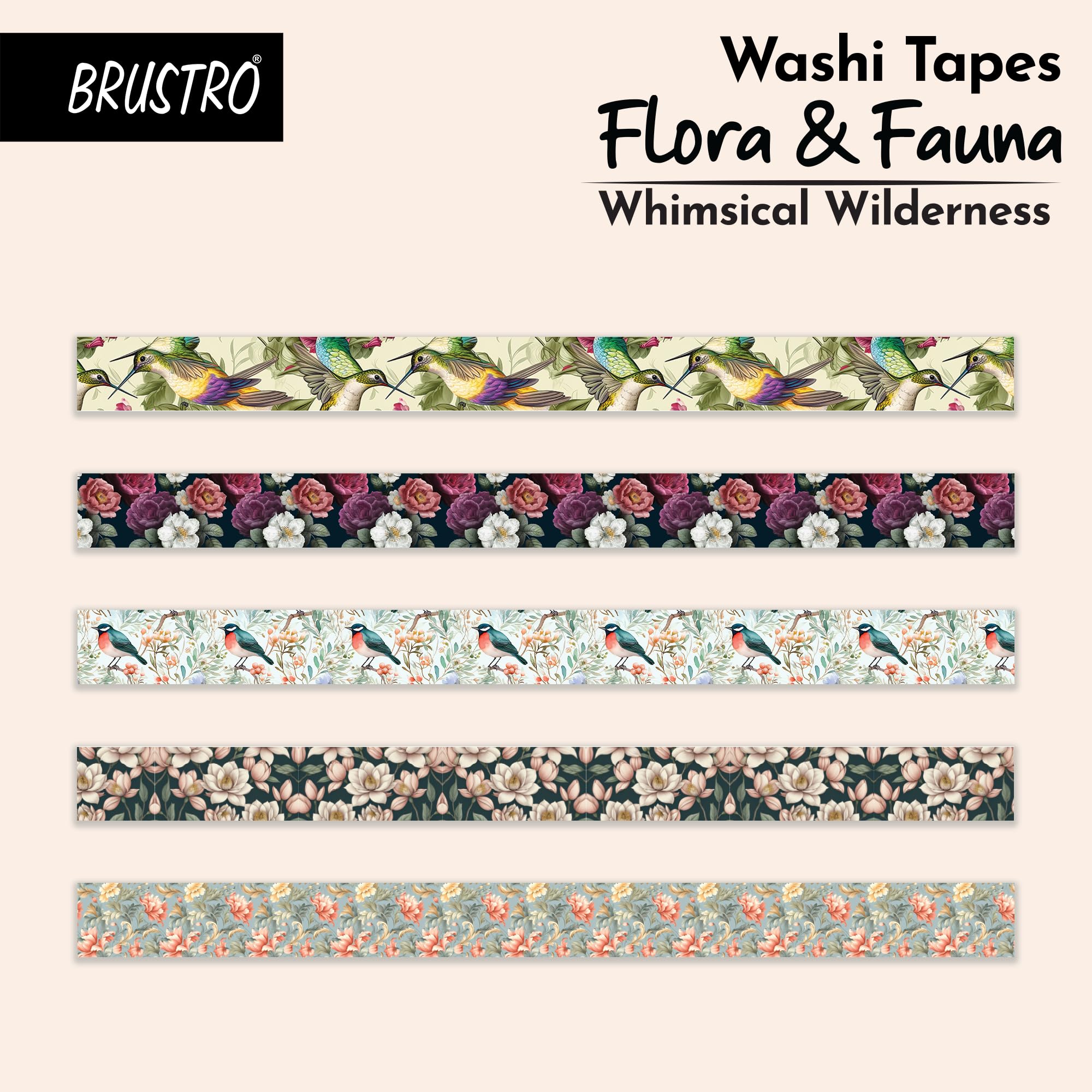 Brustro Washi Masking Tapes Flora And Fauna Shade, 15 Mm X 5 Mtrs (Set Of 5) Flora & Fauna