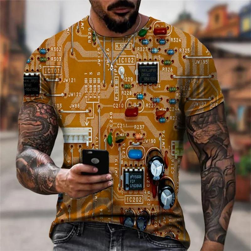 Funny CPU Processor Circuit Diagram 3D Men's Cool Design Round Neck Short Sleeved T-shirt