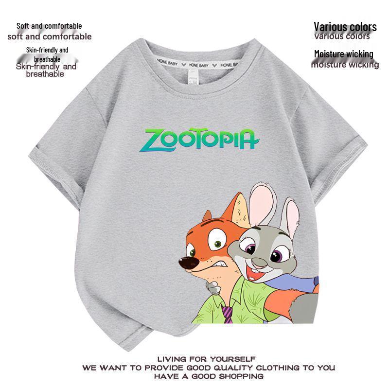 Kids' Zootopia Cartoon T-Shirt - Short Sleeve, Pure Cotton, Stylish Summer Top for Boys and Girls