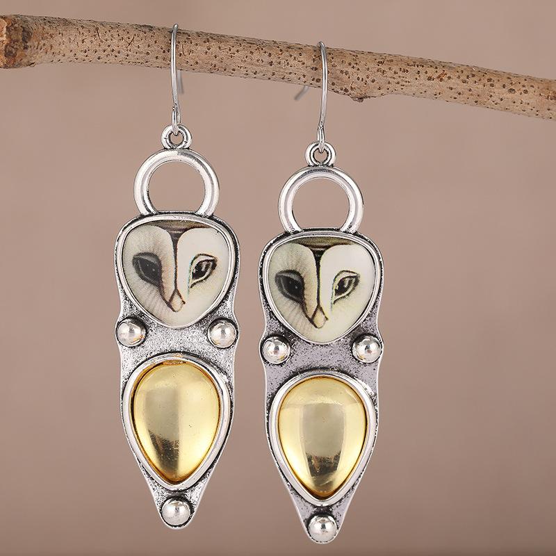 Retro Silver Barn Owl Dangle Earrings Natural Yellow Citrine Inlay Daily Wear Party Gift For Womenn