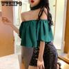 WTEMPO Léto s vypnutým ramenem Korejský styl Krátké topy s ohlávkou Dámské Jednobarevné Šifonové halenky Krátký rukáv Krátký rukáv