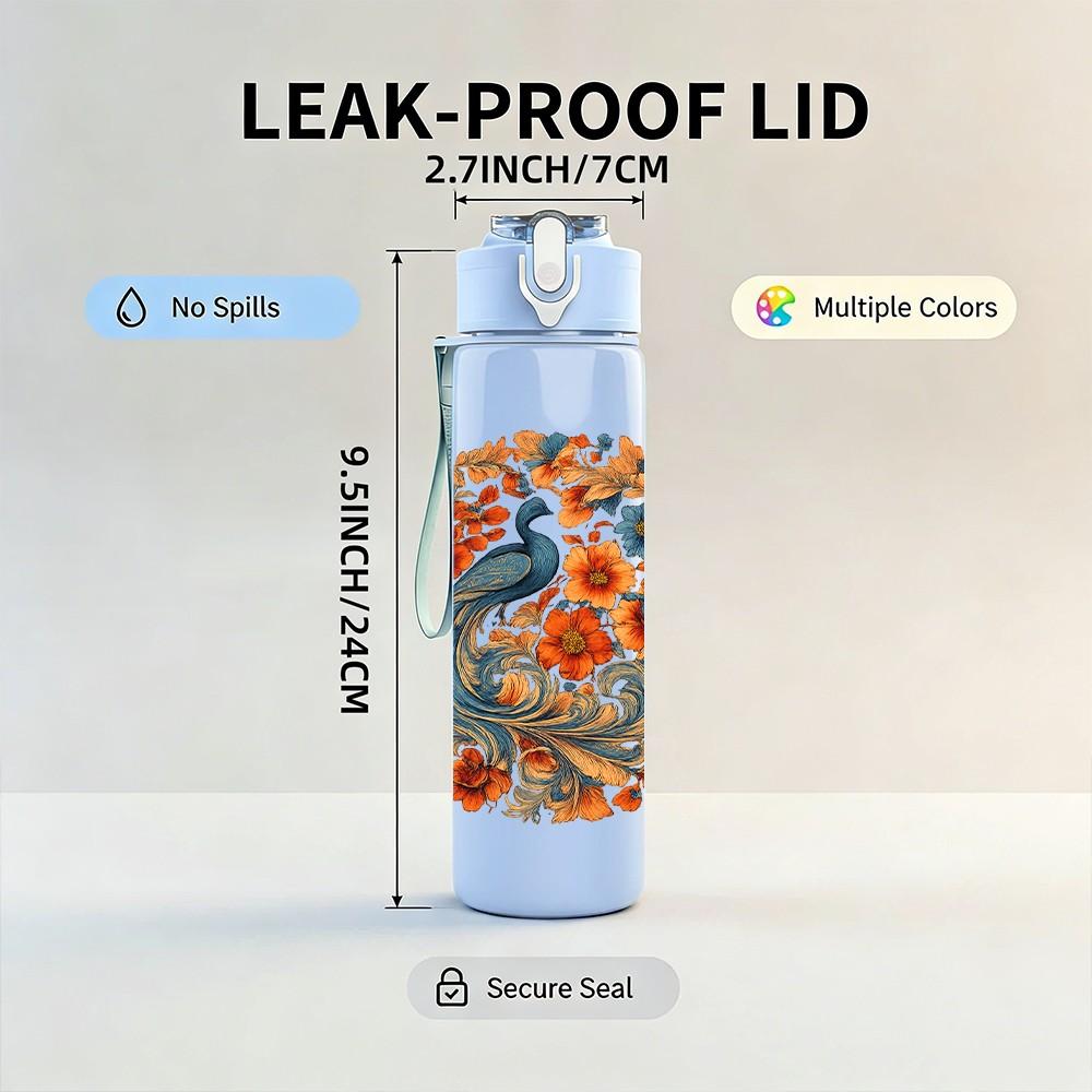 1PC Floral Peacock Circle Print 750ml Color Plastic Sports Water Bottle Leakproof Flip Straw Lid Suitable for Sports Office Home Use