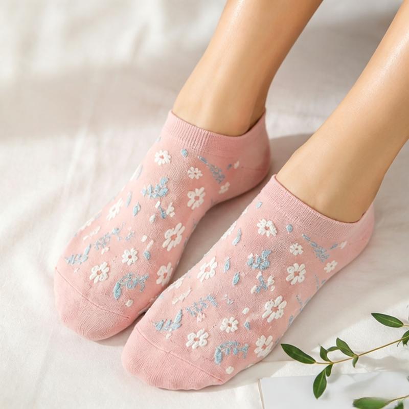 5 Paar Damen Niedliche Blumen 3D-Textur Knöchelsocken Vintage Dünn Niedrig geschnitten Rosa Bootssocken Unsichtbare Liner Socken