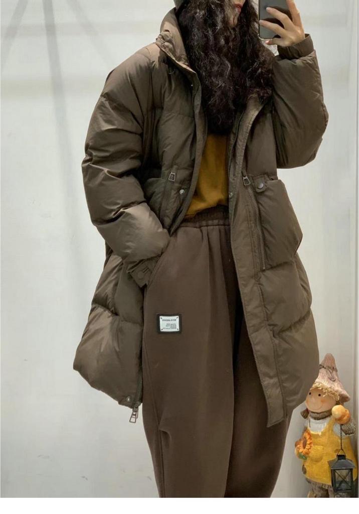2024 Winter Korean Style Women's Stand Collar White Duck Down Mid-Length Jacket