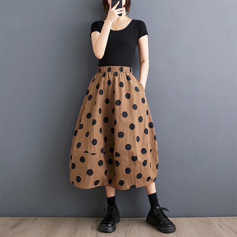 Plus High Cotton Size Waist Vintage Polka Dot Summer Casual Loose Long Woman Skirt
